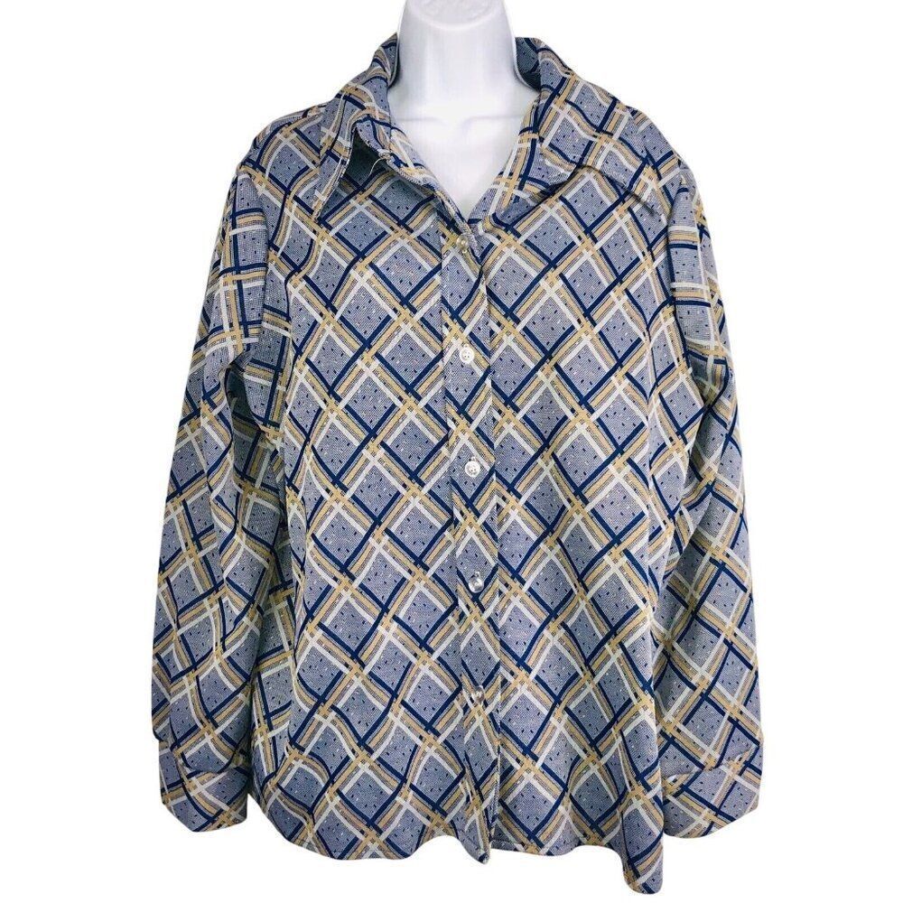 Vintage 70s Shirt Top Womens L Blue Yellow Check Double Knit Polyester